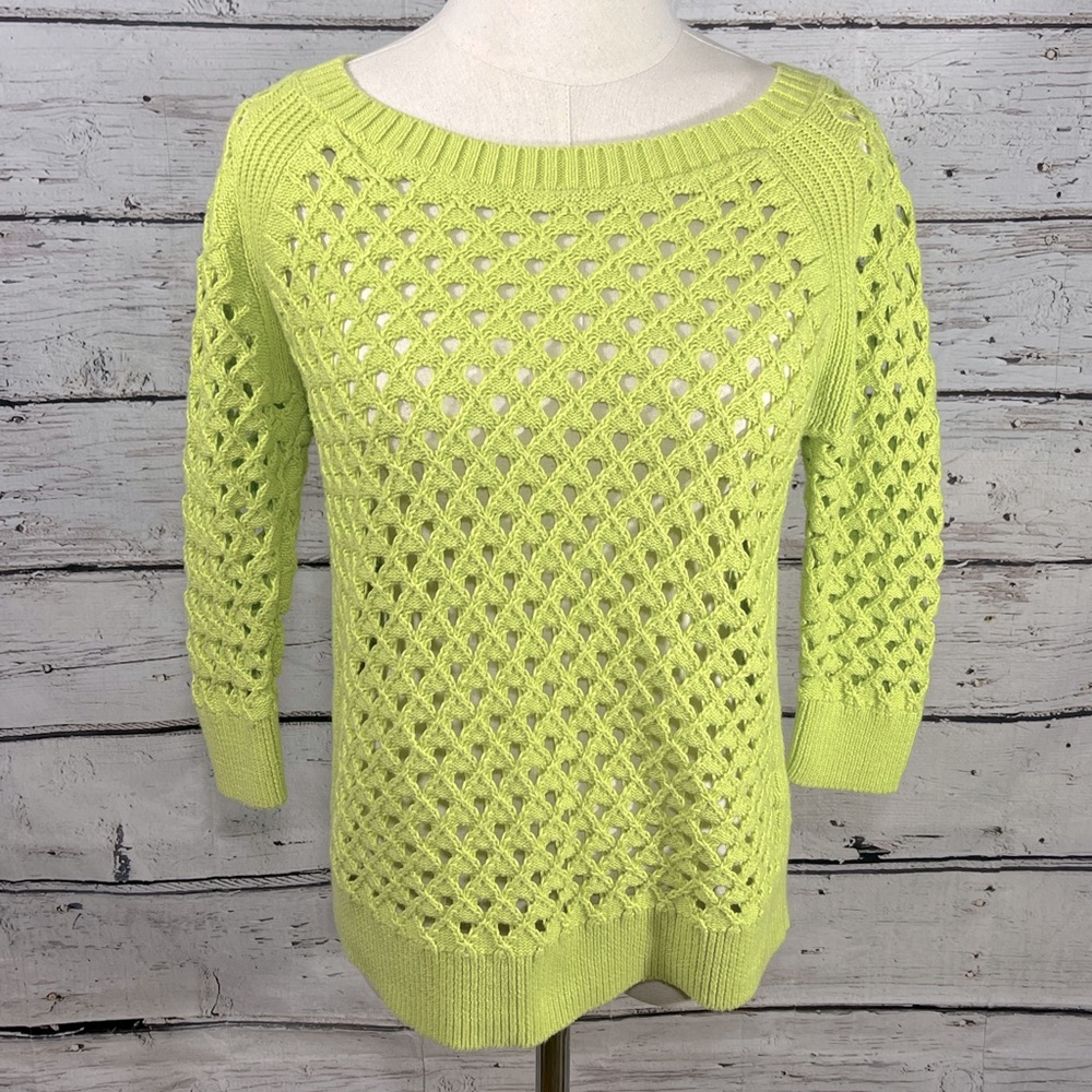 STYLUS Open Weave Summer Weight 3/4 Sleeve Sweater Lime Green-Medium
